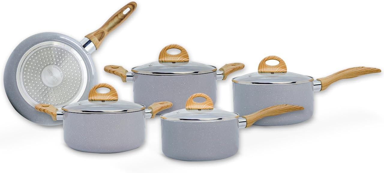 Brinox Jogo de Panelas Ceramic Life 5 Peças Smart Plus Indução Cinza Wooden