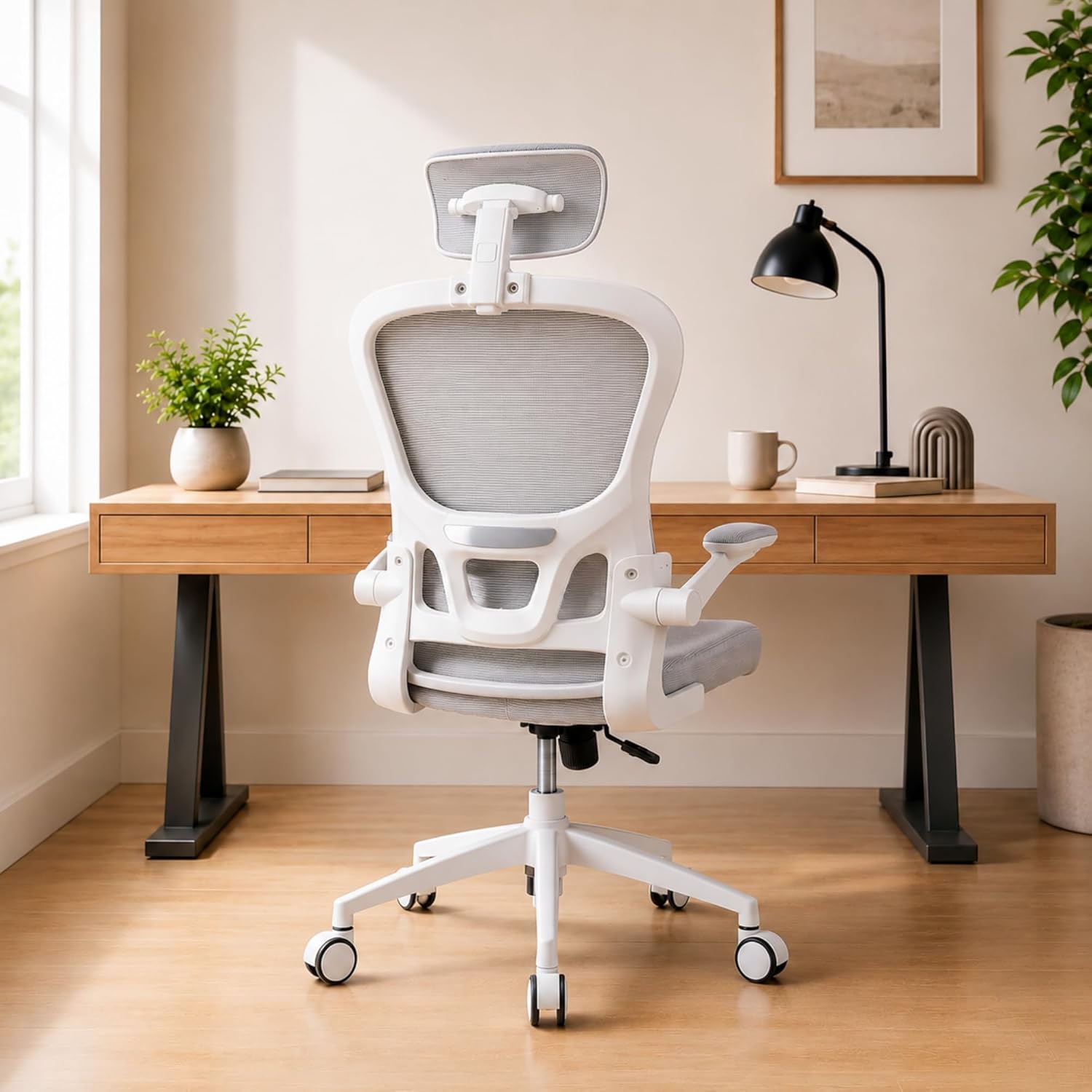 Cadeira de Escritório Ergonomica com Suporte Lombar e Encosto Ajustável - Malha Mesh Respirável - Cinza