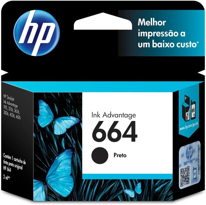 Cartucho de Tinta HP 664 Preto Original (F6V29AB) para Impressoras Deskjet