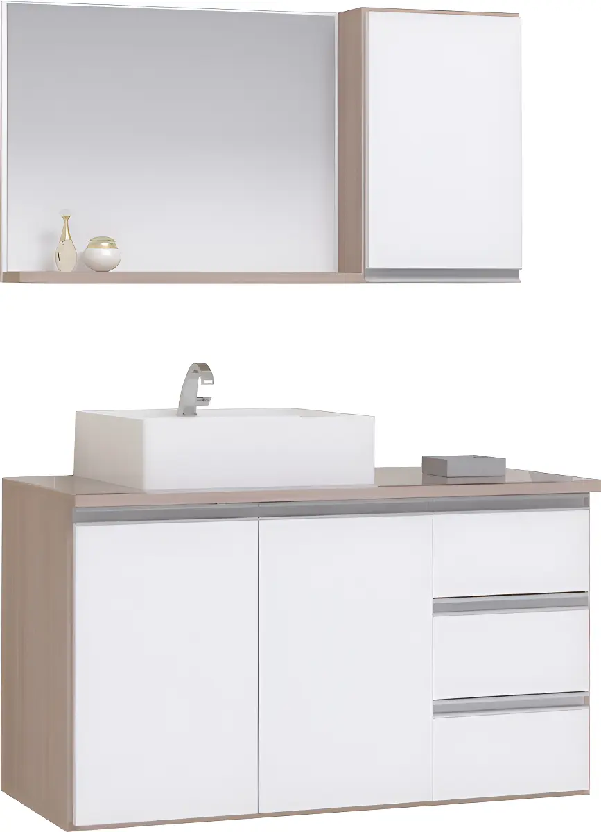 Conjunto Gabinete Banheiro Completo Prisma 0.80m Móvel Madeirado/Branco
