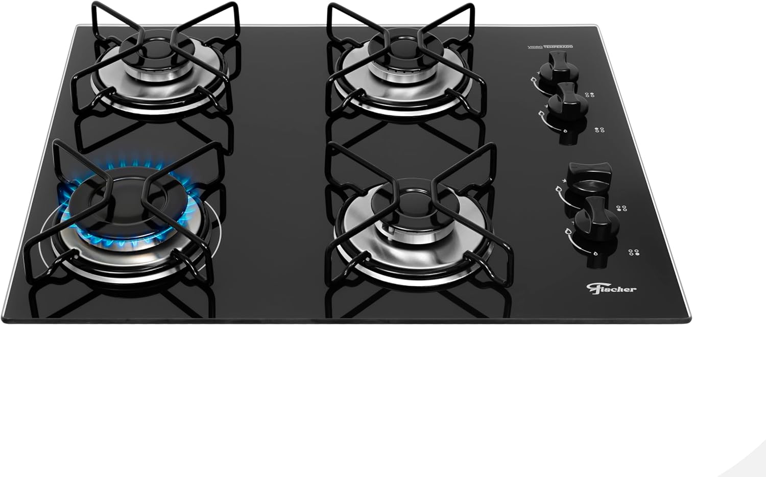 Fischer Cooktop a Gás 4 Bocas Fit Line Trempe Aramado Mesa Vidro Preto Bivolt