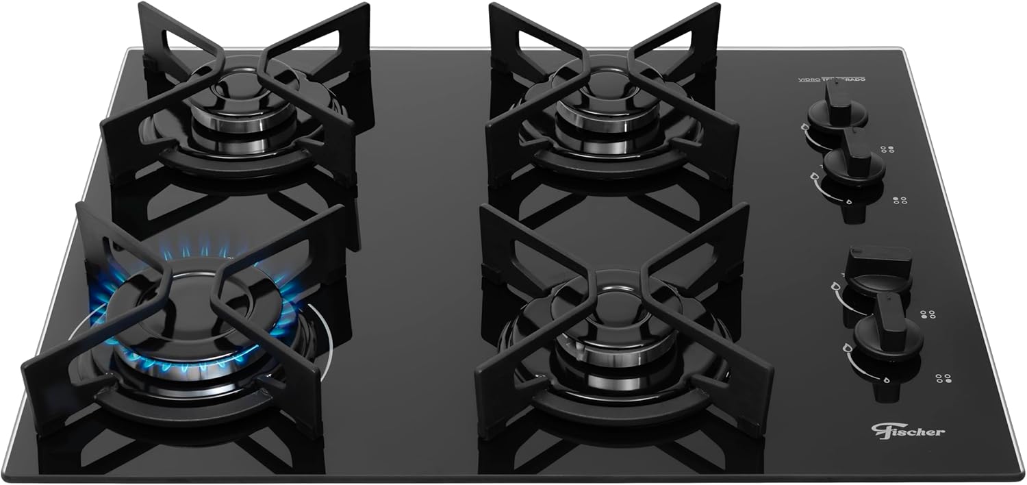Fischer Cooktop a Gás 4 Bocas Fit Line Trempe Iron Mesa Vidro Preto Bivolt