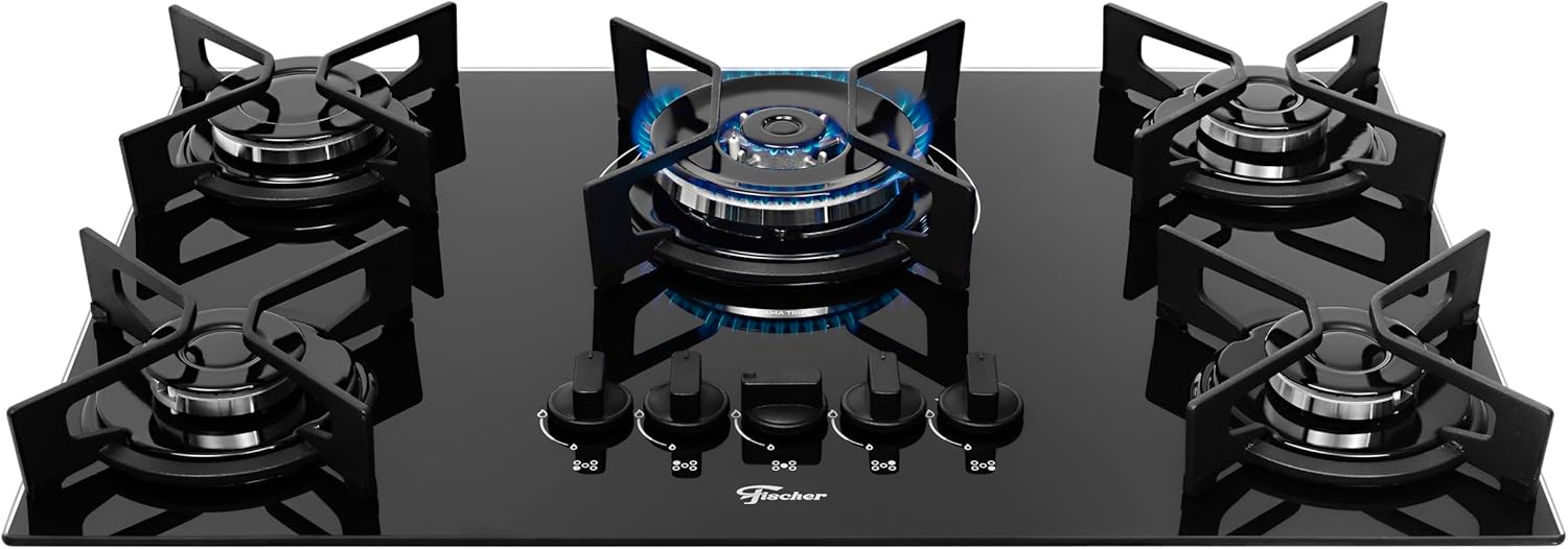 Fischer Cooktop a Gás 5 Bocas Tripla Chama Fit Line Trempe Iron Mesa Vidro Preto Bivolt