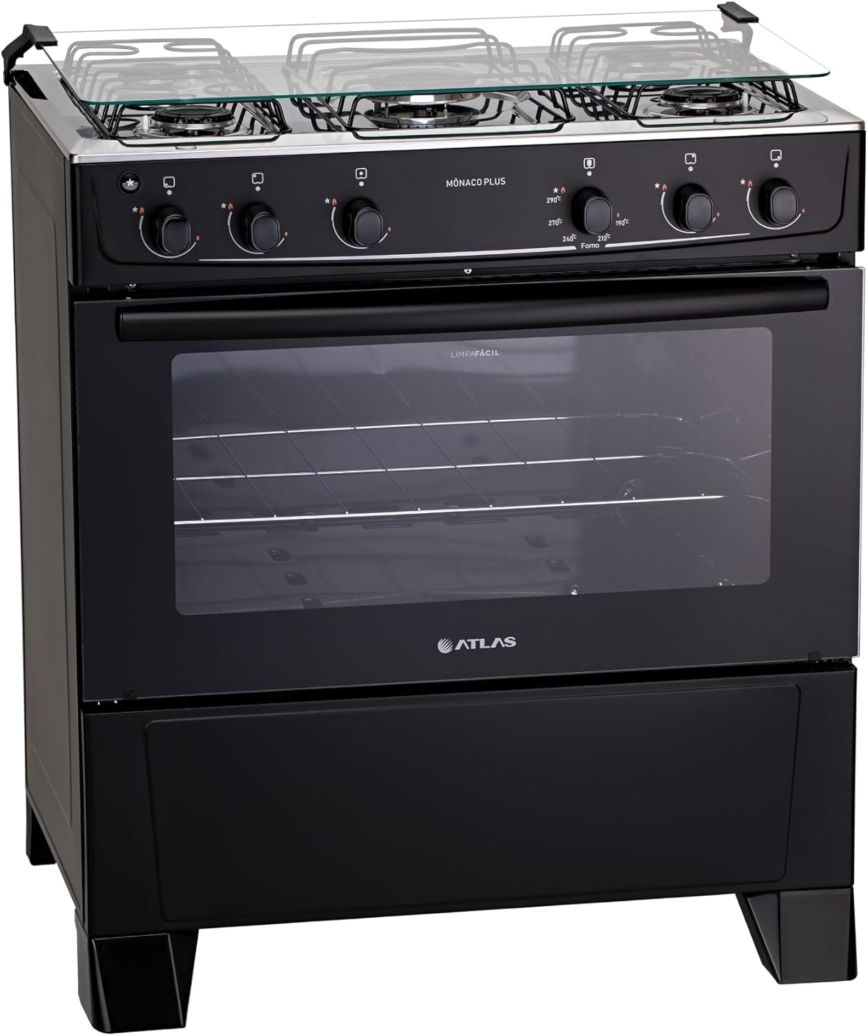 Fogão Atlas Mônaco Plus 5 Bocas Preto com Acendimento Automático e Mesa Inox