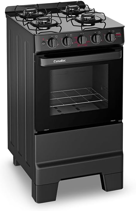 Fogão a Gás Esmaltec Ideal Super Glass F4VAP 4 Bocas Preto Mesa Glass 50L