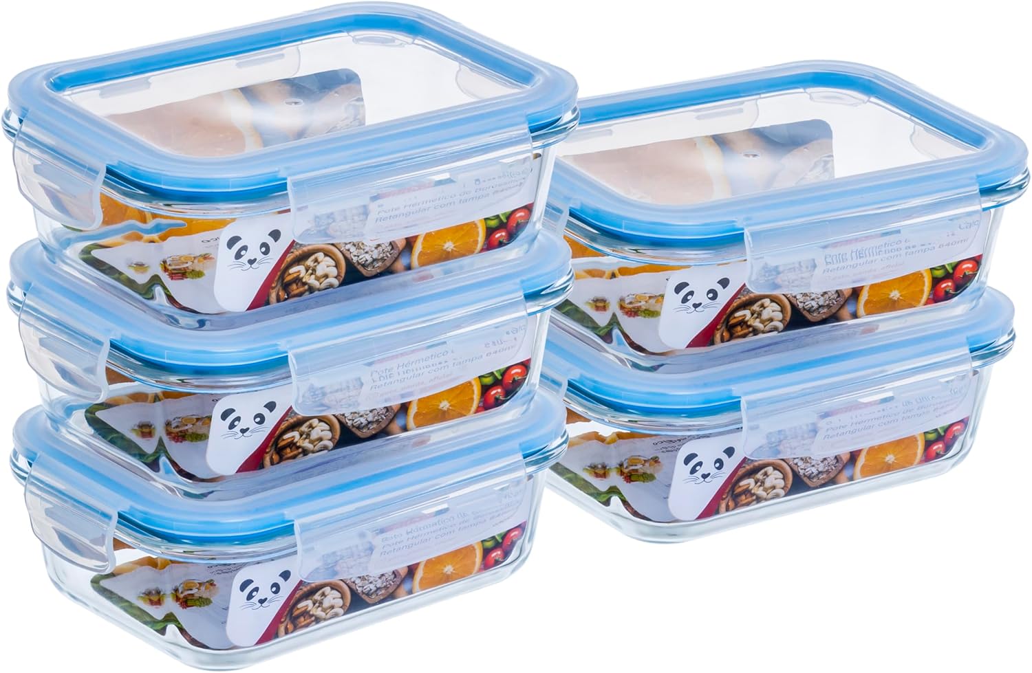 Gato Panda Kit de Potes de Vidro Retangular com Tampa Hermética 640ml - Azul