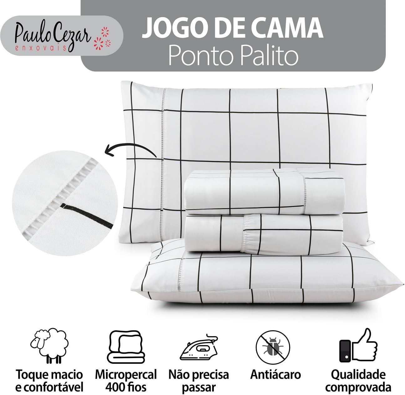 Jogo de Cama Percal 400 Fios Poliéster com Ponto Palito - 4 Peças — foto 2