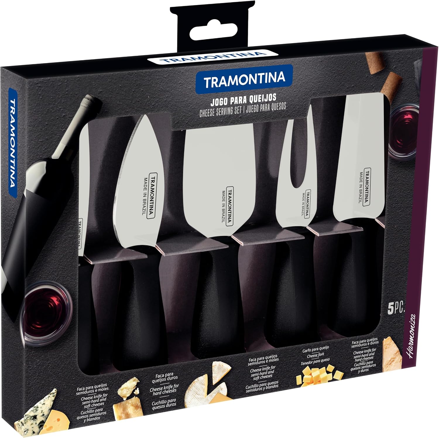 Jogo para Queijo Harmoniza 5 Peças Tramontina Lâminas Inox Cabos Polipropileno Preto