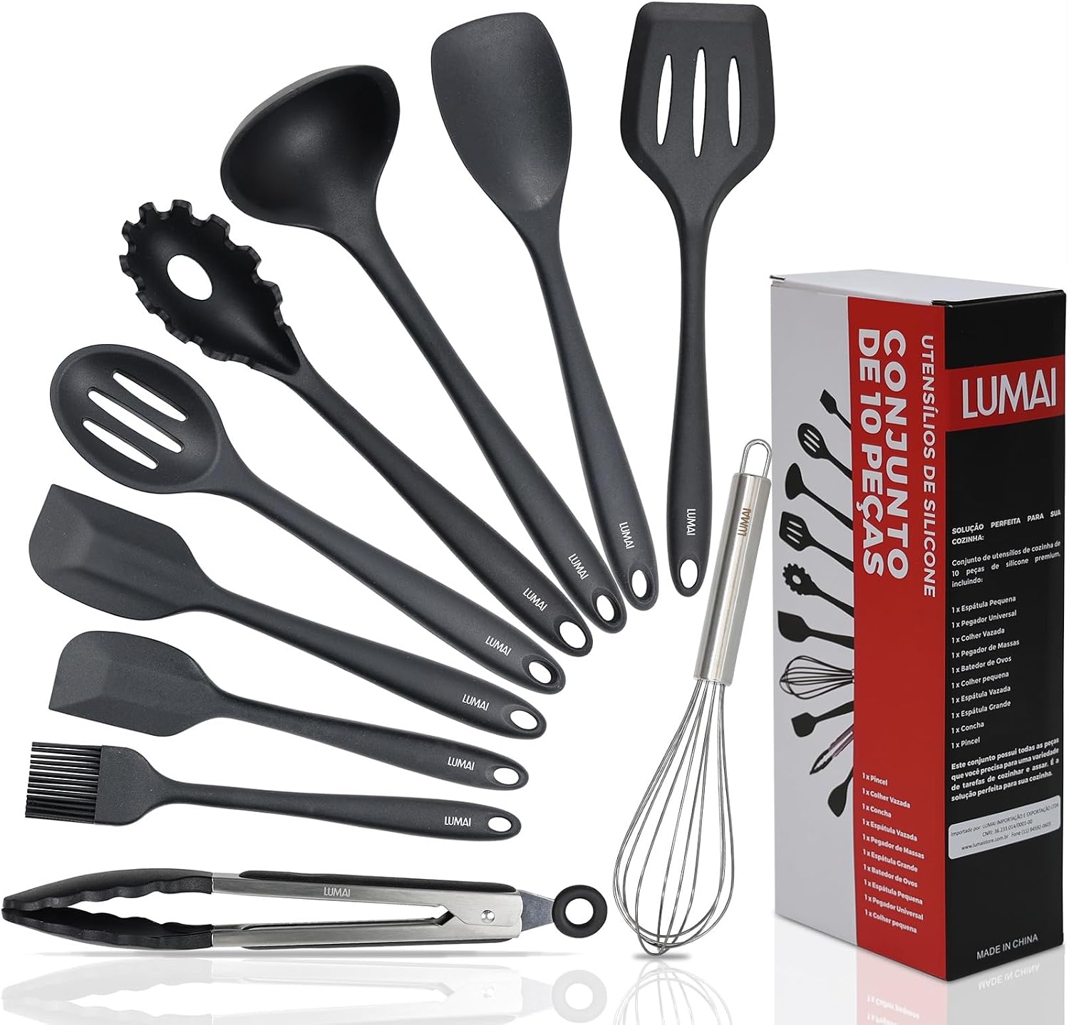 Kit 10 Utensílios de Cozinha LUMAI em Silicone e Aço Inox, Preto