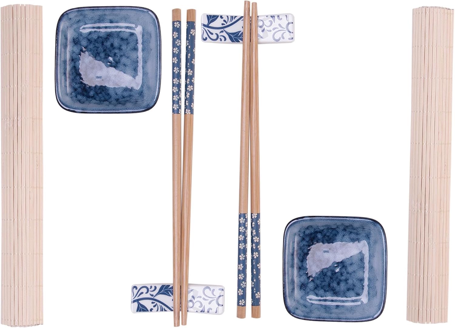 Kit Sushi em Bambu 8 Peças - Esteiras, Hashis e Molheiras