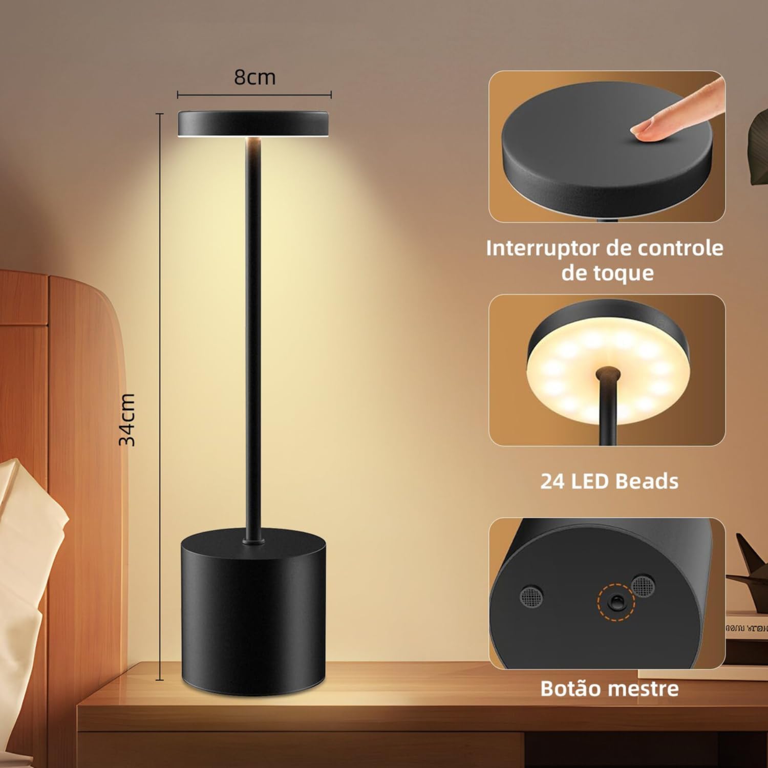 Luminária de Mesa Touch LED Recarregável com 3 Modos de Luz — foto 3