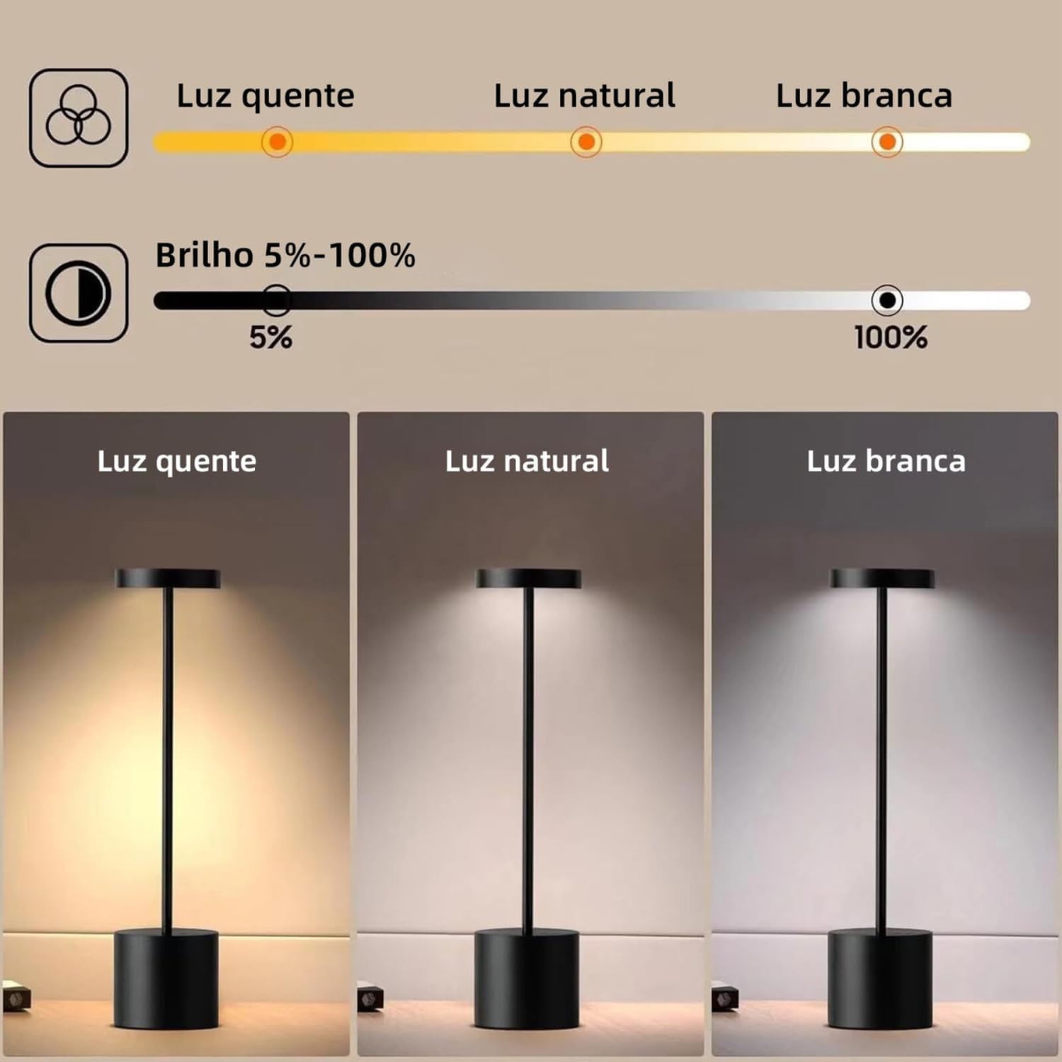 Luminária de Mesa Touch LED Recarregável com 3 Modos de Luz — foto 4