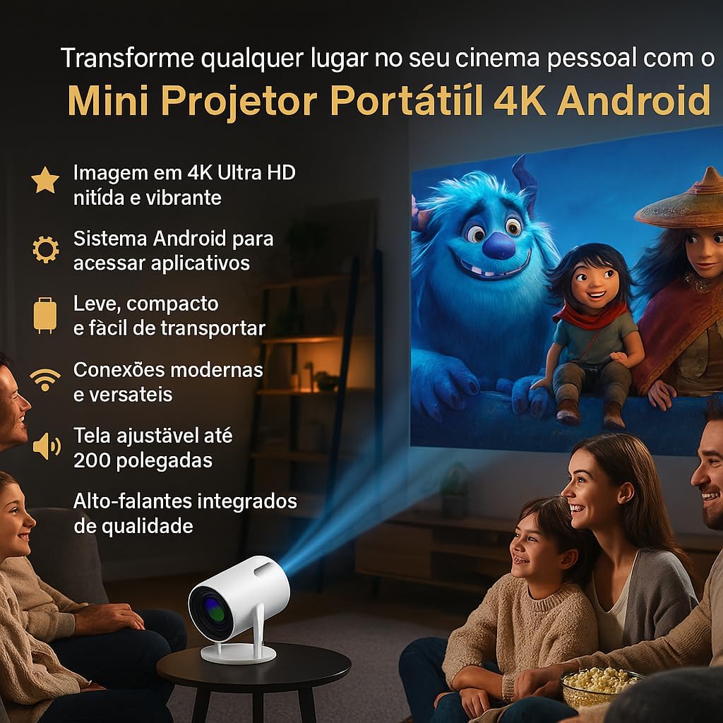 Mini Projetor Portátil 5G Wi-Fi 6 Bluetooth 5.0 Android 11 4K 1080P Full HD 8000 Lumens