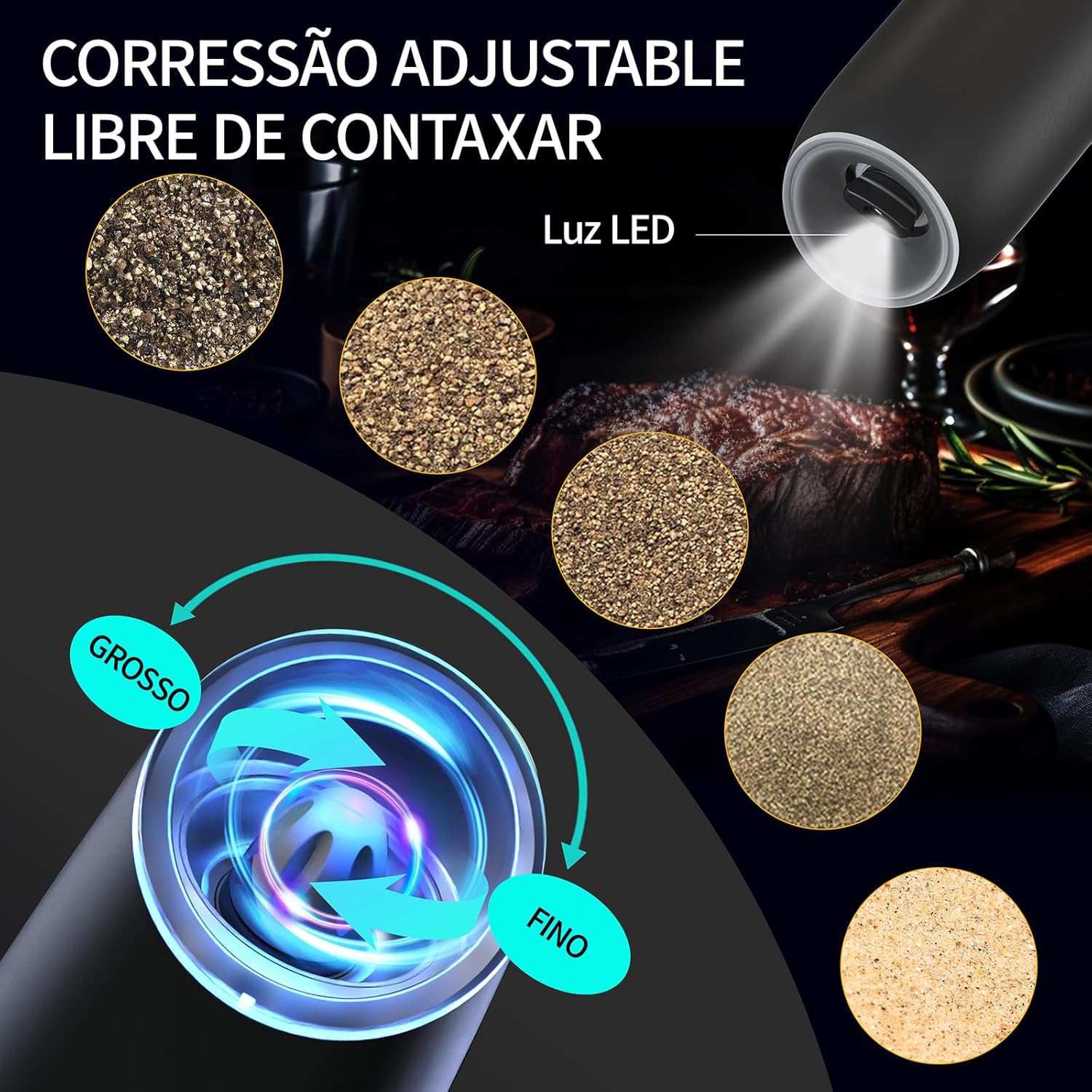 Moedor de Pimenta Elétrico Recarregável USB - Ajustável com Luz LED — foto 3