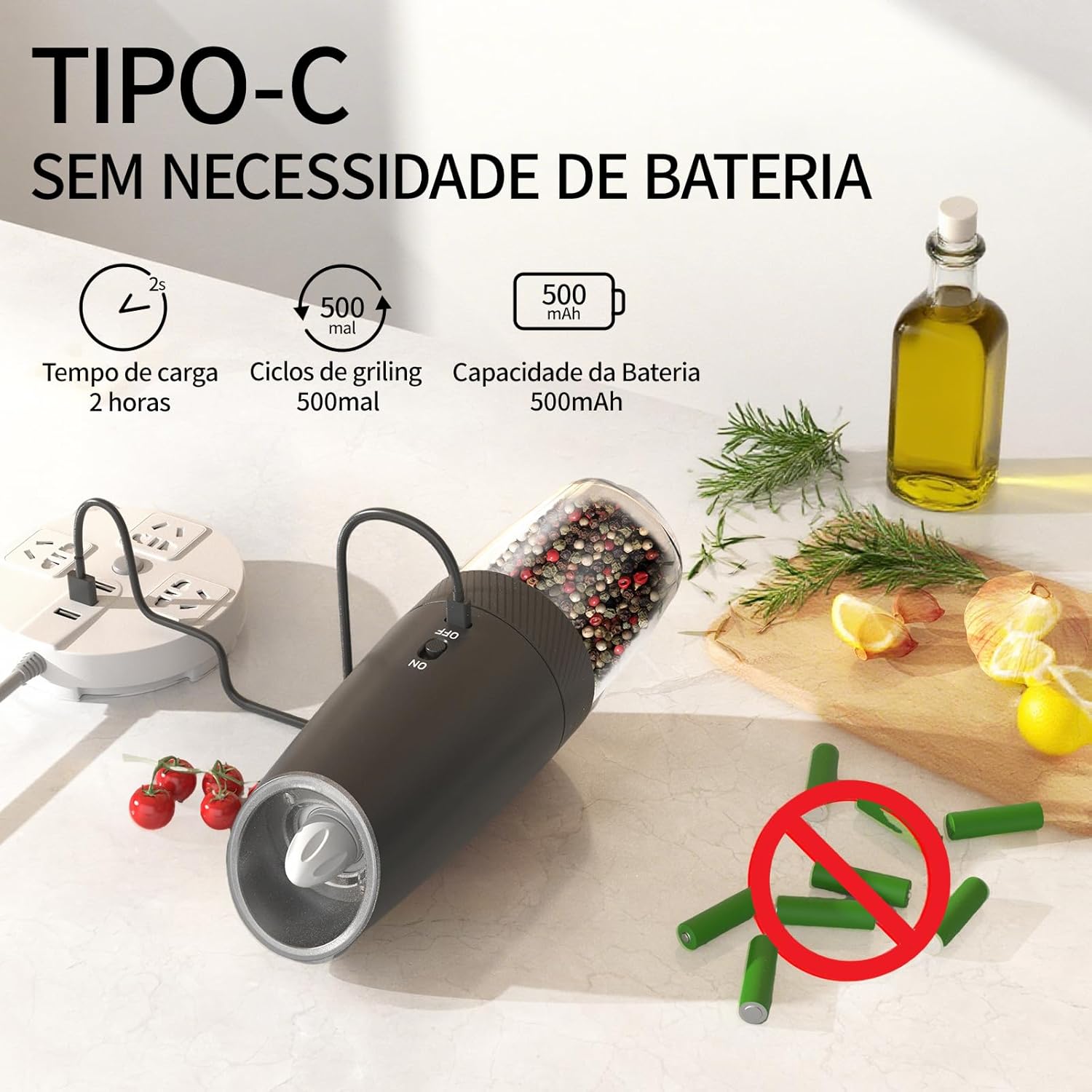 Moedor de Pimenta Elétrico Recarregável USB - Ajustável com Luz LED — foto 4