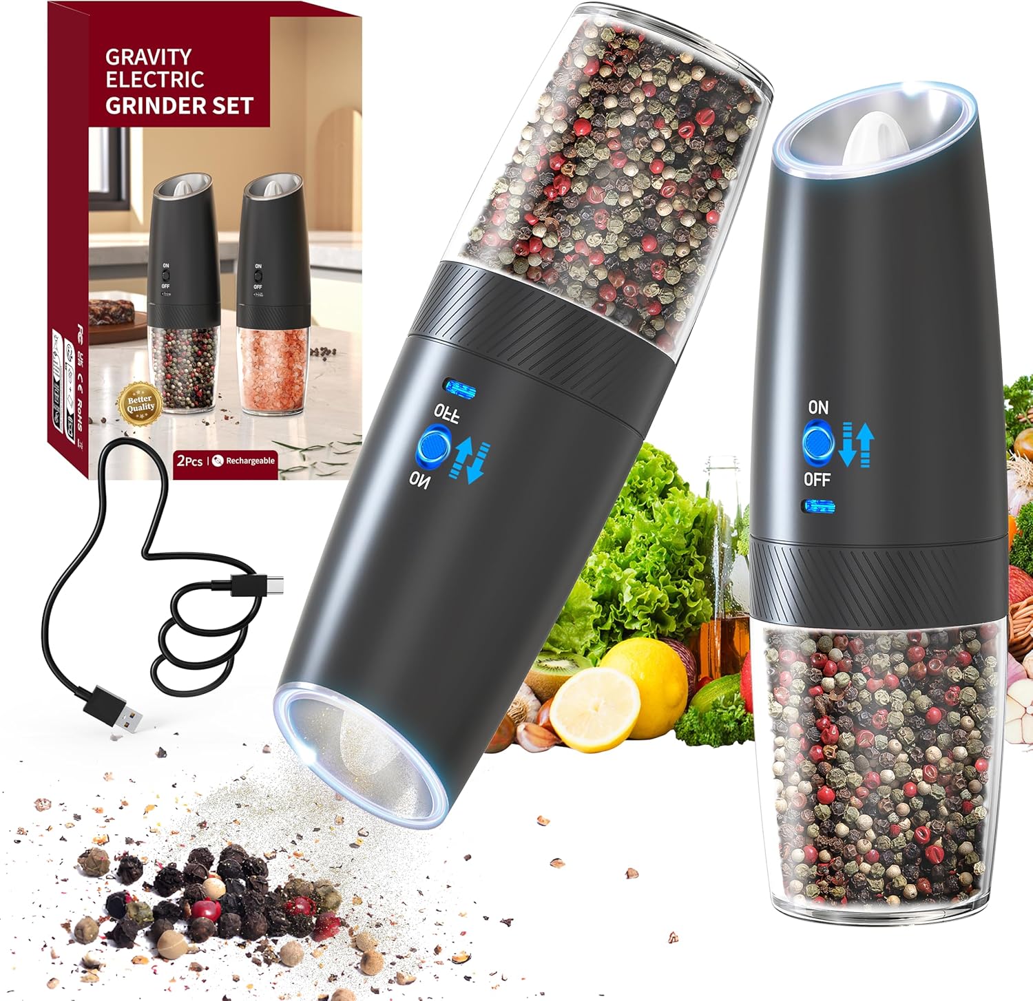 Moedor de Pimenta Elétrico Recarregável USB - Ajustável com Luz LED
