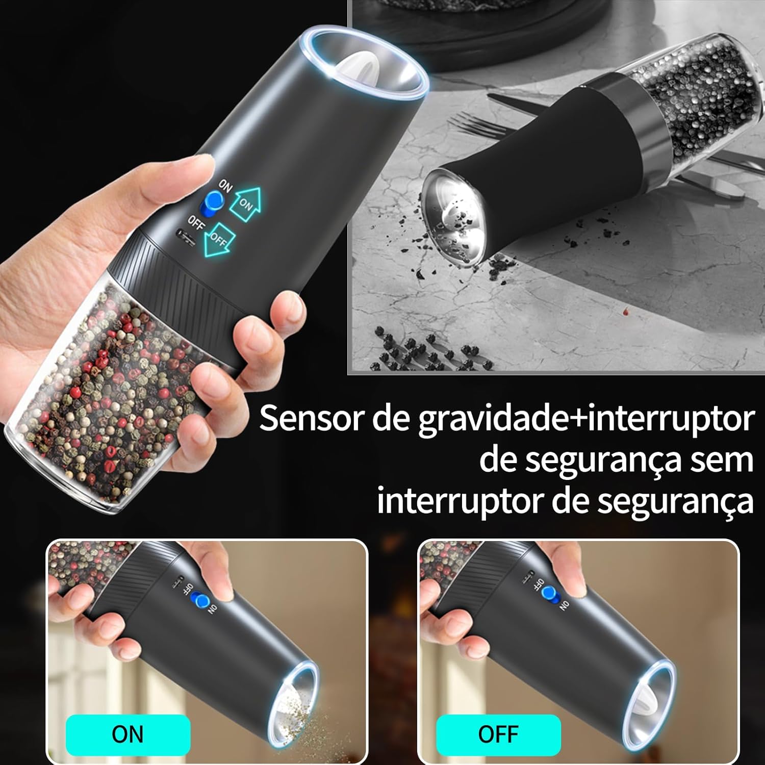 Moedor de Pimenta Elétrico Recarregável USB - Ajustável com Luz LED — foto 5