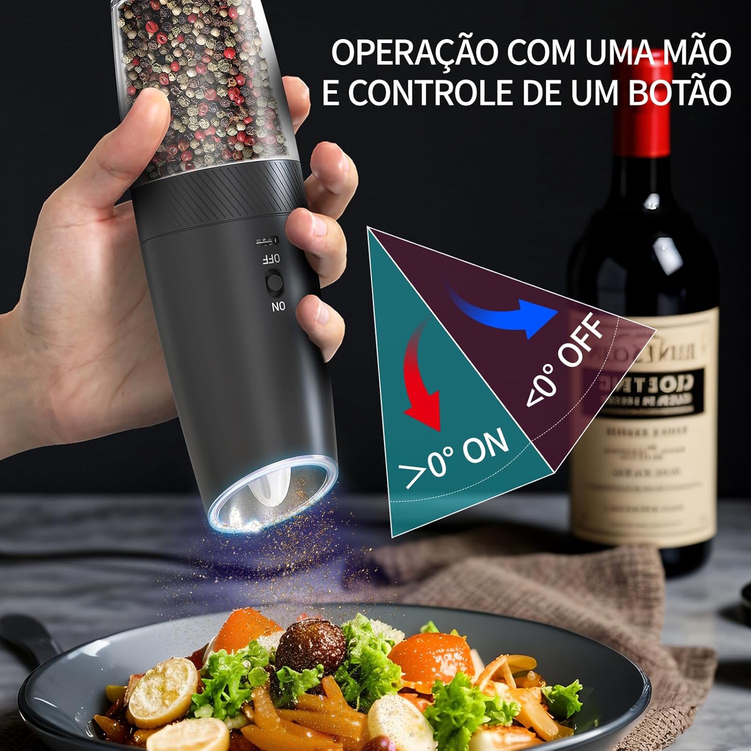 Moedor de Pimenta Elétrico Recarregável USB - Ajustável com Luz LED — foto 2