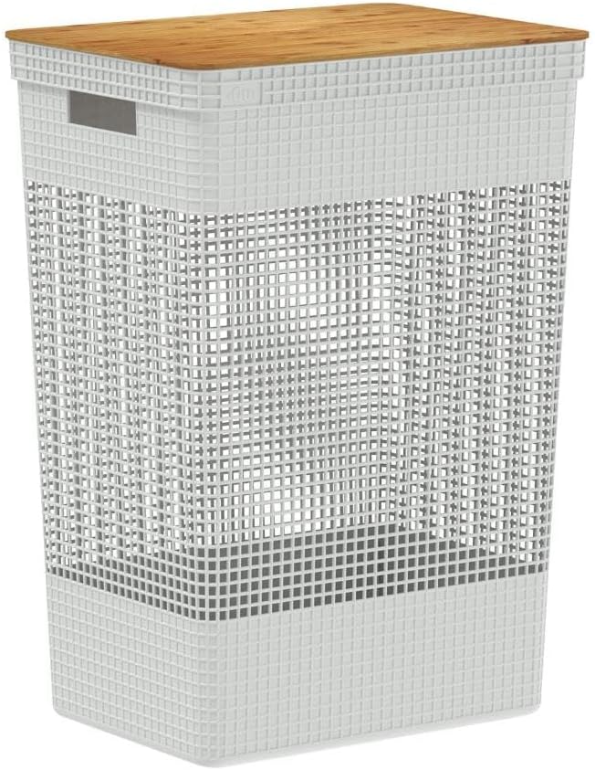 Cesto de Roupas com Tampa de Bambu 49L Branco Oceano Linha Grid