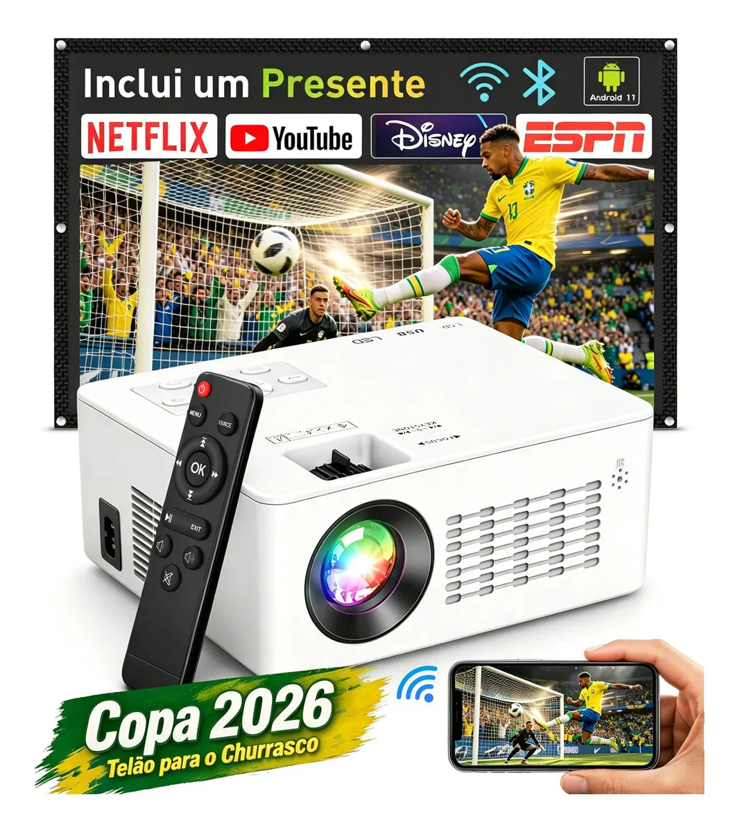 Projetor Profissional PT06 Android 11.0 4K Full HD Portátil