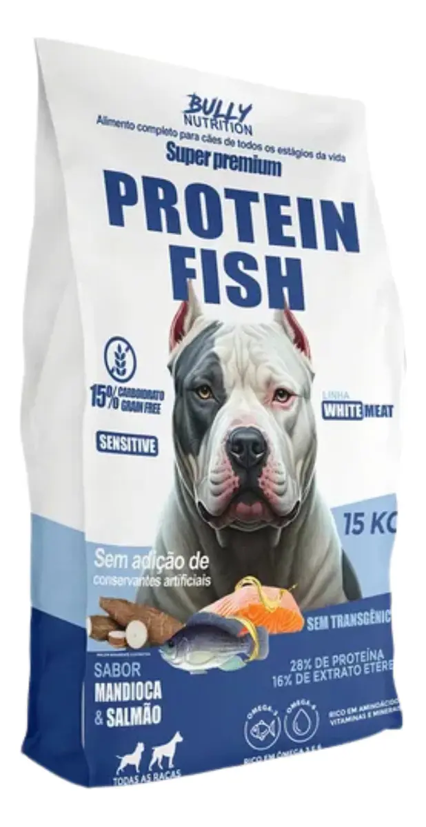 Bully Nutrition Ração Super Premium Fish Protein 15kg - Sabor Mandioca e Salmão