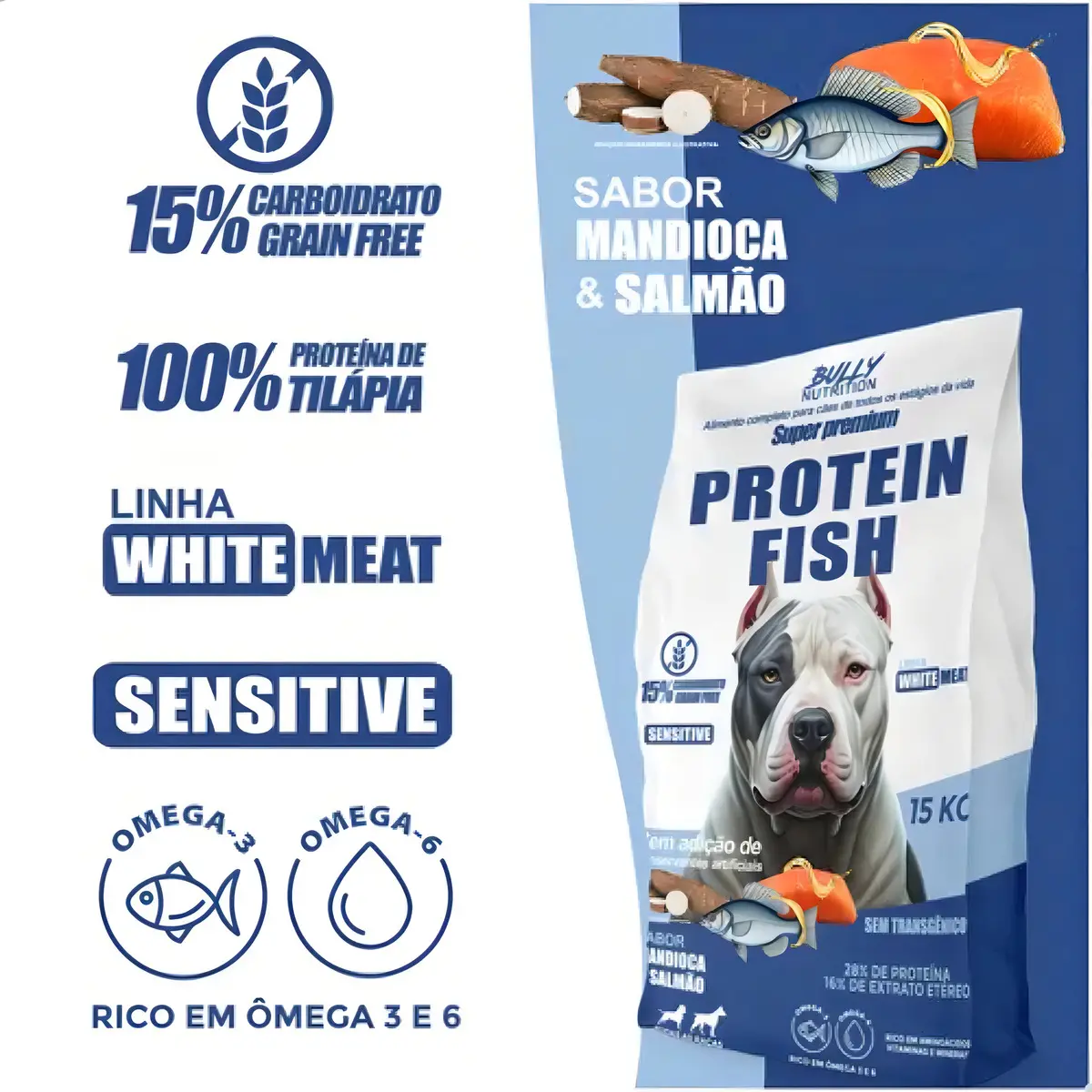 Bully Nutrition Ração Super Premium Fish Protein 15kg - Sabor Mandioca e Salmão — foto 3