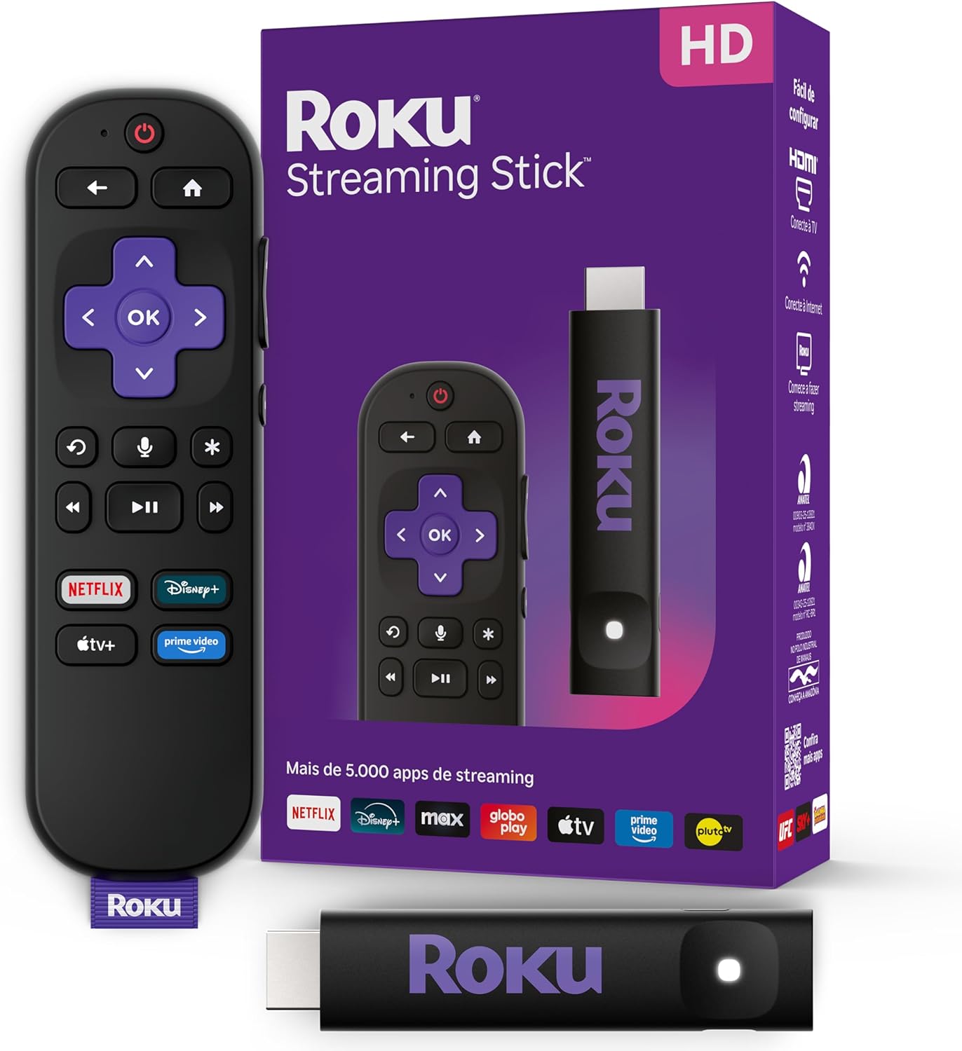 Roku Streaming Stick HD 2025 - Dispositivo de Streaming para TV HD/FHD com Controle Remoto por Voz