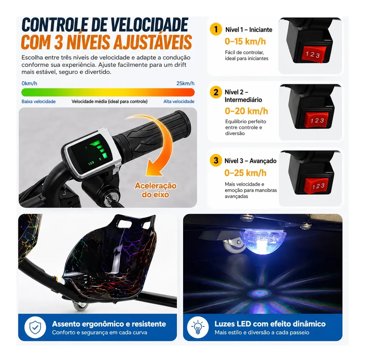 Triciclo Drift Elétrico 350W com Bluetooth - 3 Velocidades — foto 3