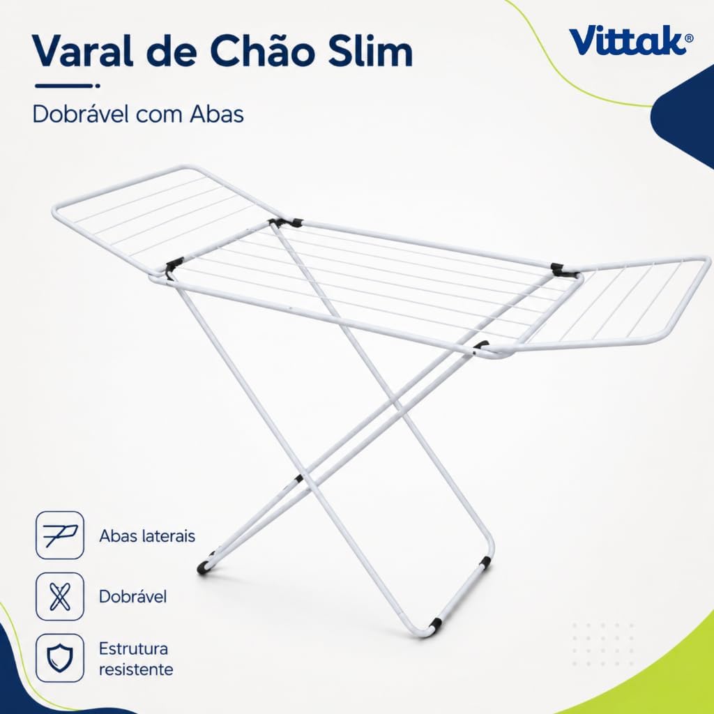 Vittak Varal de Chão Dobrável Slim Branco com Abas Laterais - Suporta até 15kg