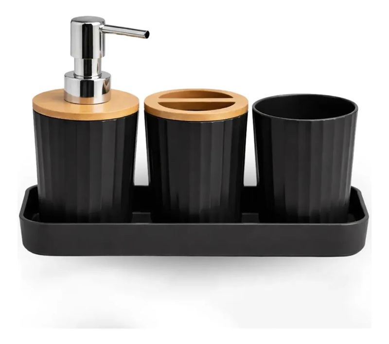 Kit Banheiro 4 Peças Bambu Organizador Lavabo Cor Preto