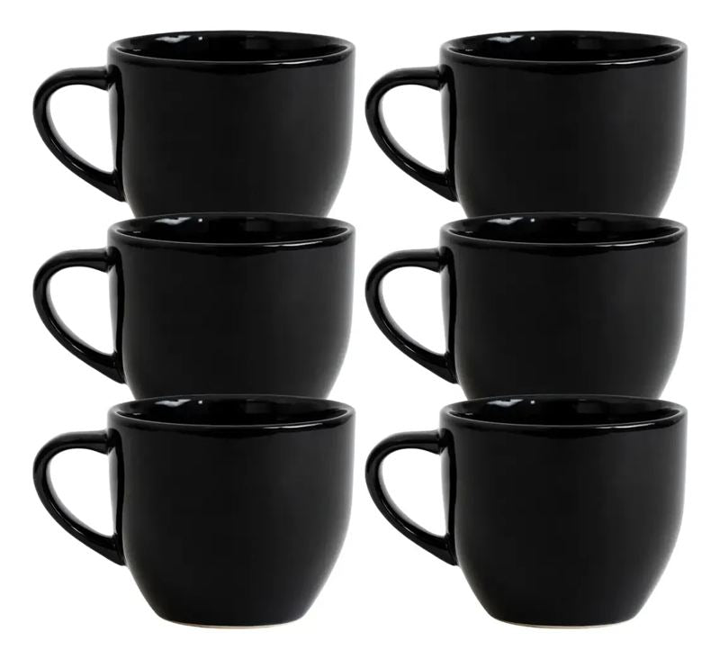 Jogo 6 Xícara Preta 170ml Porcelana Sem Pires